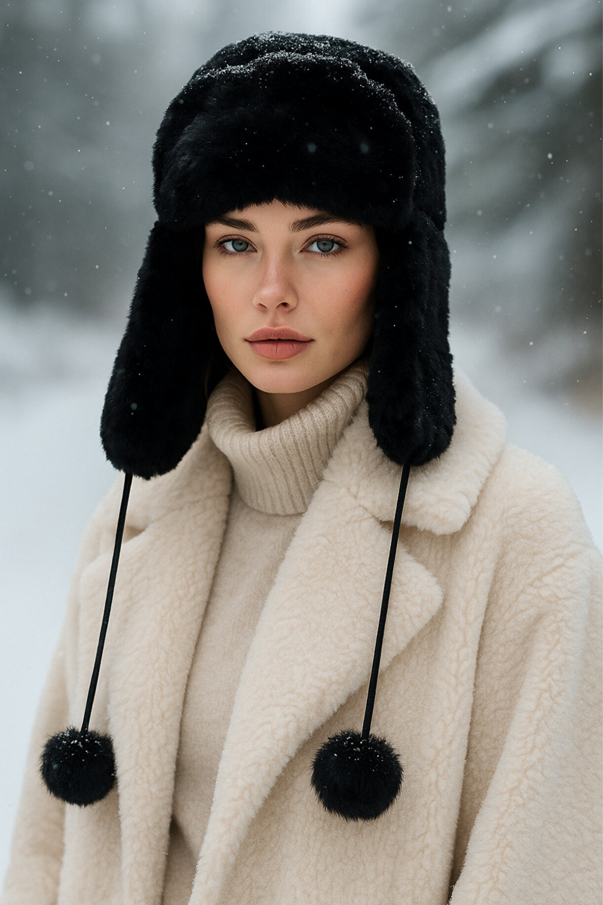 Kadın Siyah Ponponlu Kürklü Kulaklıklı Peluş Şapka
