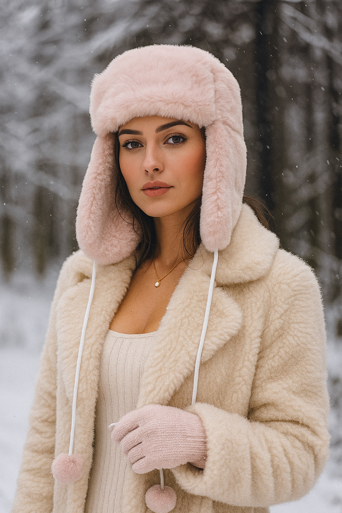 Kadın Siyah Ponponlu Kürklü Kulaklıklı Peluş Şapka