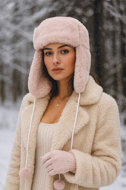 Kadın Siyah Ponponlu Kürklü Kulaklıklı Peluş Şapka