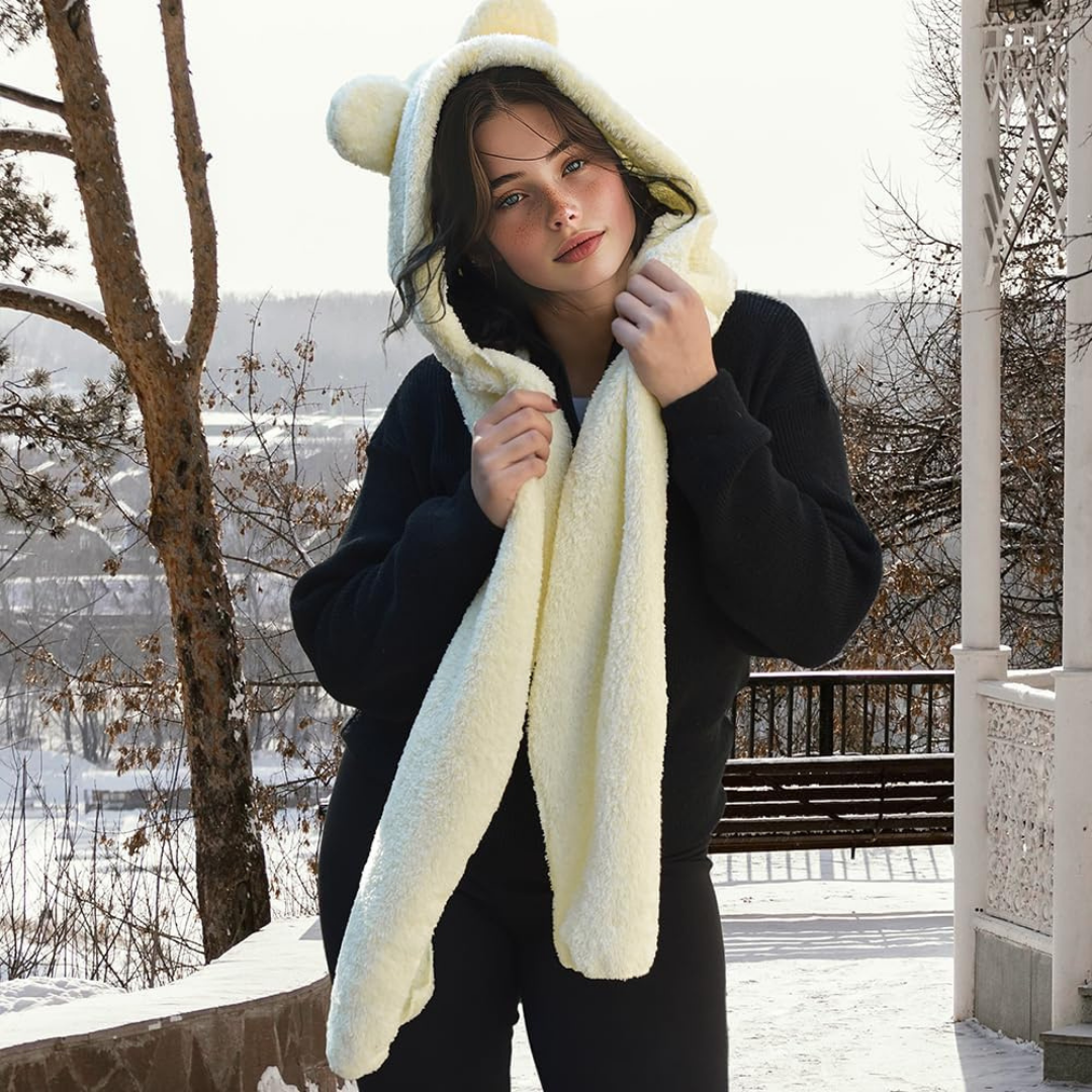 Kapşonlu Beyaz Peluş Welsoft Bere & Atkı – Rüzgar Geçirmez, Kulaklı Polar Şapka & Boyunluk