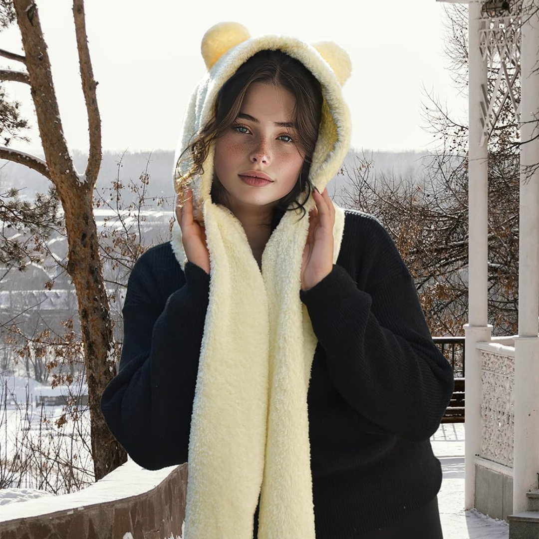 Kapşonlu Beyaz Peluş Welsoft Bere & Atkı – Rüzgar Geçirmez, Kulaklı Polar Şapka & Boyunluk
