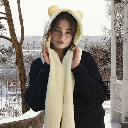 Kapşonlu Beyaz Peluş Welsoft Bere & Atkı – Rüzgar Geçirmez, Kulaklı Polar Şapka & Boyunluk