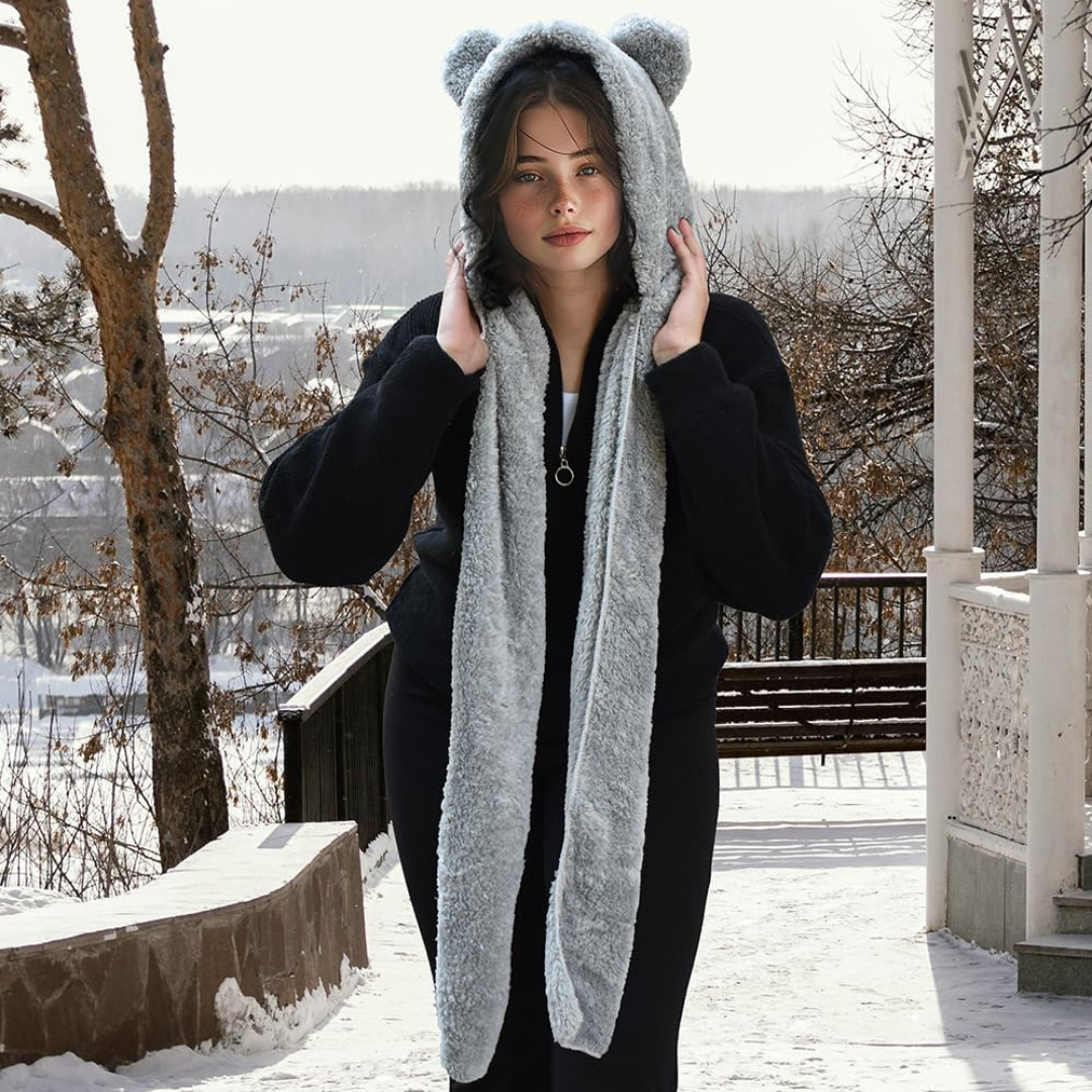 Kapşonlu Beyaz Peluş Welsoft Bere & Atkı – Rüzgar Geçirmez, Kulaklı Polar Şapka & Boyunluk