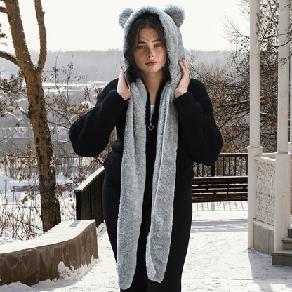 Kapşonlu Beyaz Peluş Welsoft Bere & Atkı – Rüzgar Geçirmez, Kulaklı Polar Şapka & Boyunluk