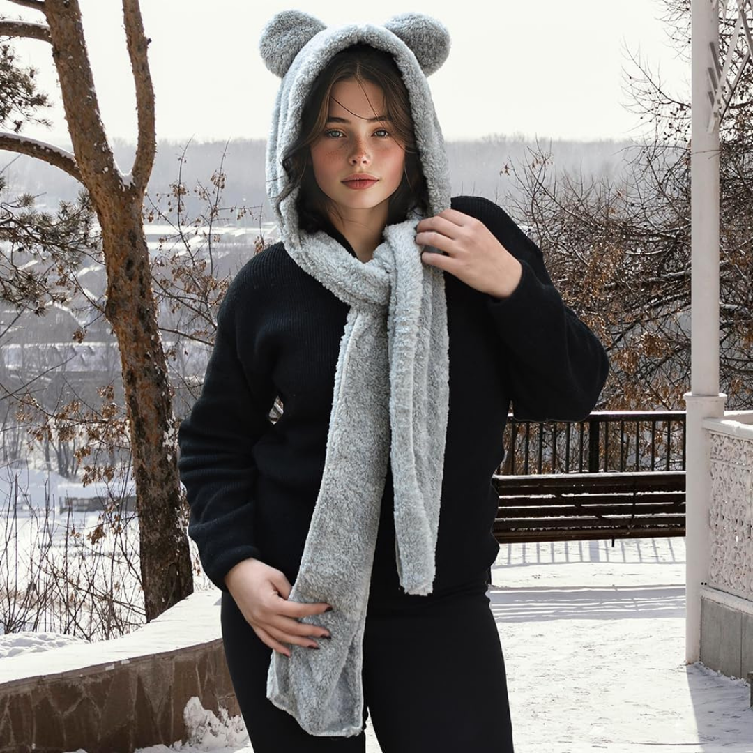 Kapşonlu Beyaz Peluş Welsoft Bere & Atkı – Rüzgar Geçirmez, Kulaklı Polar Şapka & Boyunluk