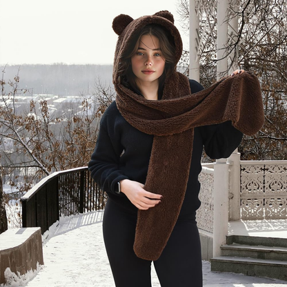 Kapşonlu Beyaz Peluş Welsoft Bere & Atkı – Rüzgar Geçirmez, Kulaklı Polar Şapka & Boyunluk