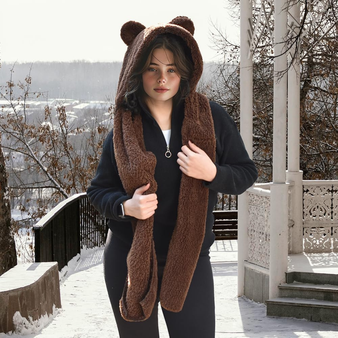 Kapşonlu Beyaz Peluş Welsoft Bere & Atkı – Rüzgar Geçirmez, Kulaklı Polar Şapka & Boyunluk