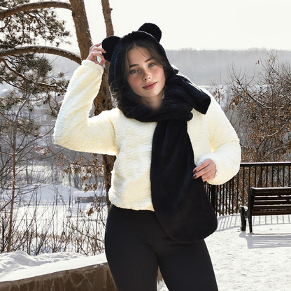 Kapşonlu Beyaz Peluş Welsoft Bere & Atkı – Rüzgar Geçirmez, Kulaklı Polar Şapka & Boyunluk