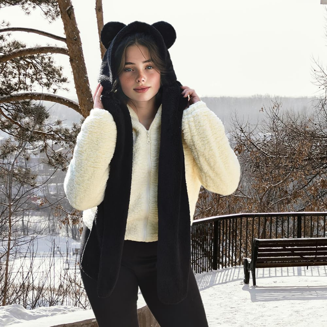 Kapşonlu Beyaz Peluş Welsoft Bere & Atkı – Rüzgar Geçirmez, Kulaklı Polar Şapka & Boyunluk