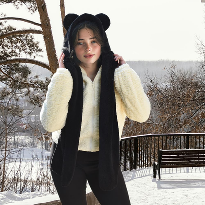 Kapşonlu Beyaz Peluş Welsoft Bere & Atkı – Rüzgar Geçirmez, Kulaklı Polar Şapka & Boyunluk